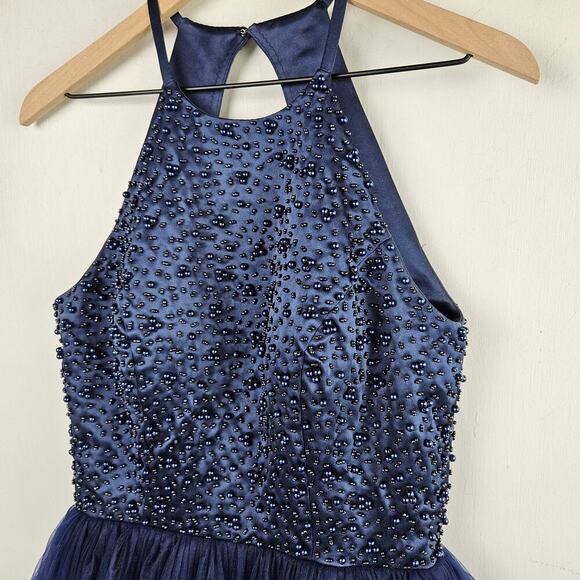 Navy Blue Halter Sleeveless Satin Beaded & Tulle Mini Dress M? Keyhole Back - Picture 2 of 9